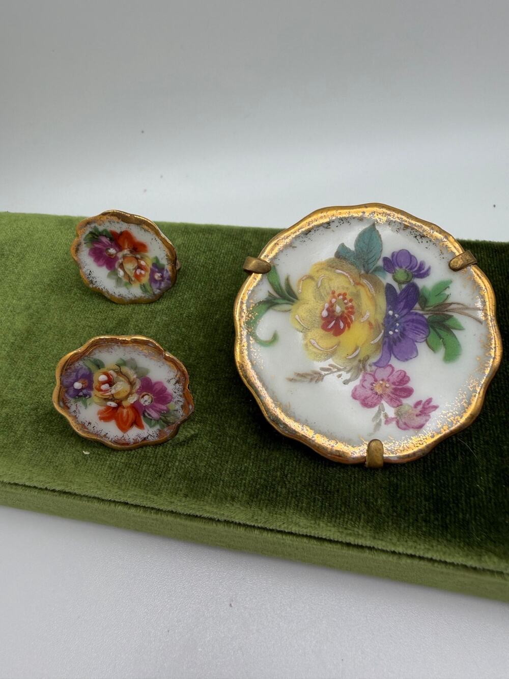 Vintage Limoges Brooch Earrings Set Gold Floral Hand Painted Porcelain